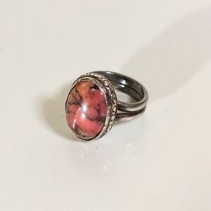 Rhodochrosite Gemstone & Sterling Silver Raised Dome Dual Band Ring